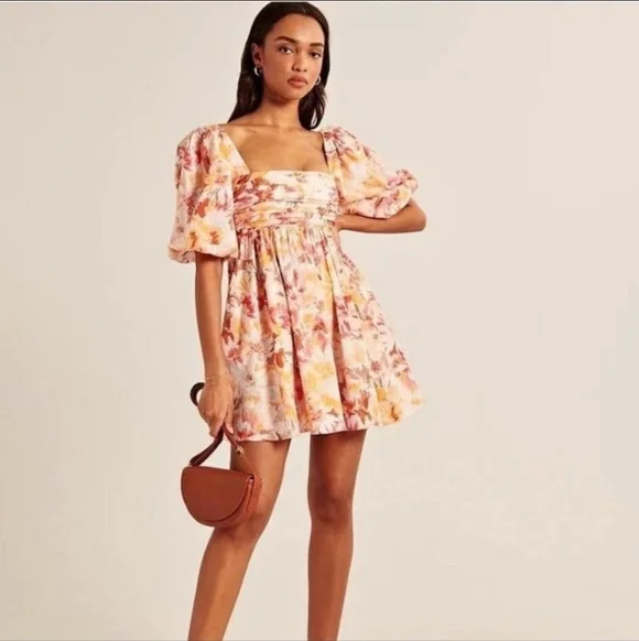 Abercrombie & Fitch Women's Emerson Floral Puff Sleeve Mini Babydoll Dress Sz S - Picture 2 of 15